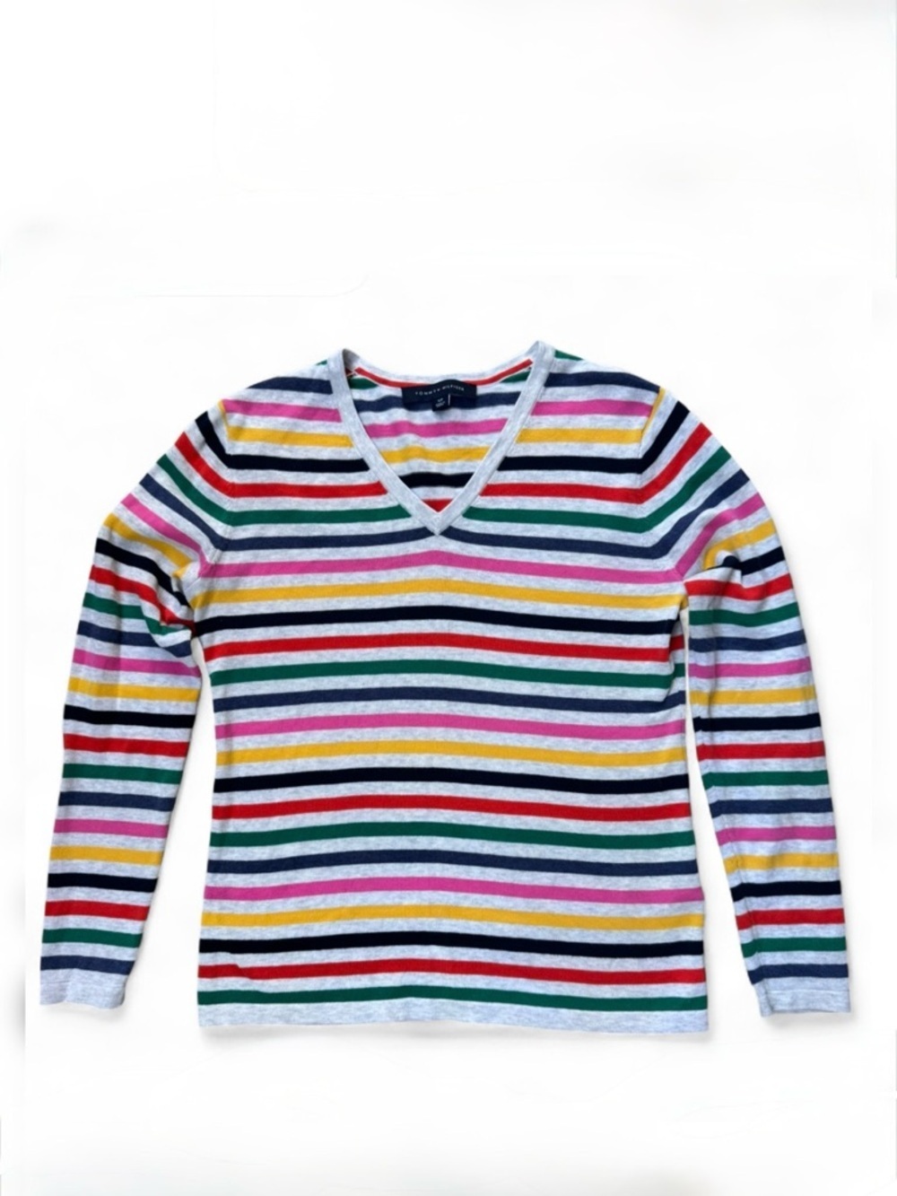 Tommy Hilfiger V-Neck Sweater with Bright Multi Stripes